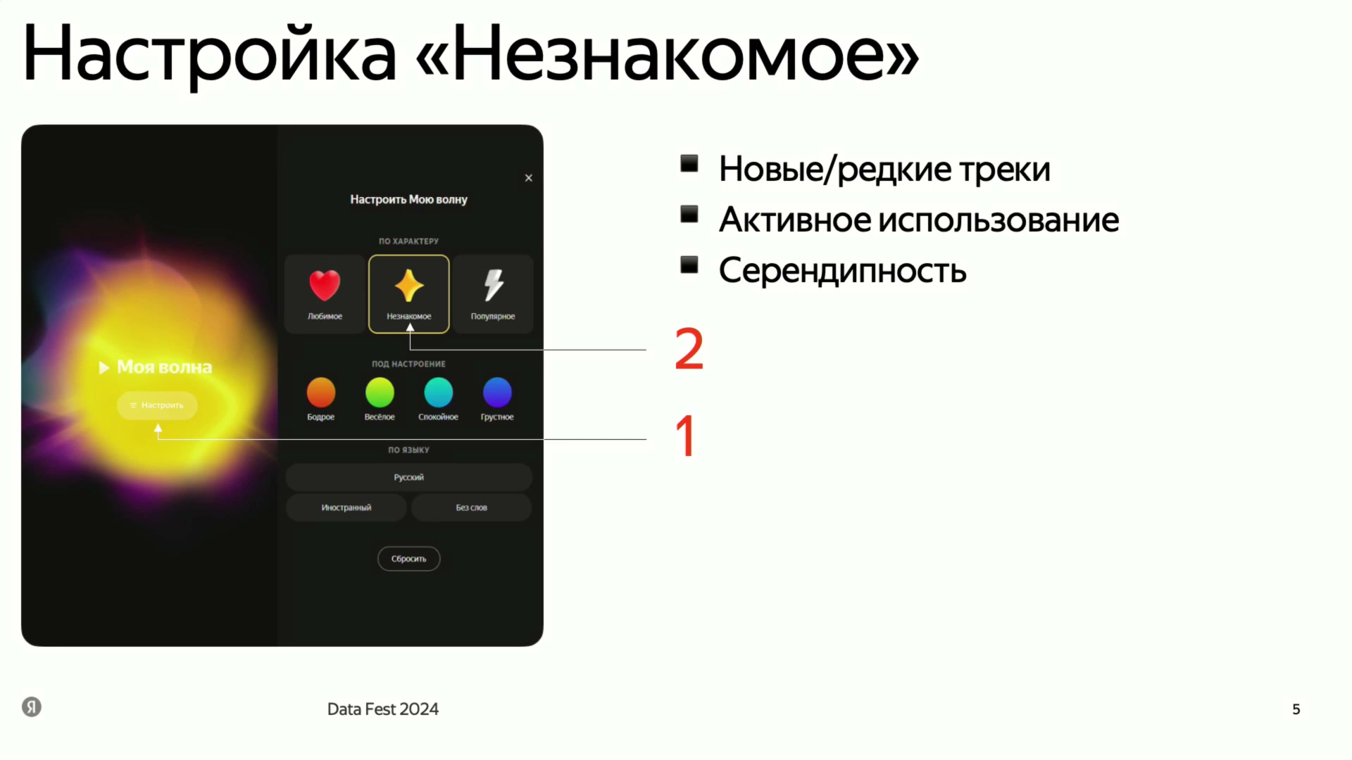 Настройка «Незнакомое» рассчитана на новые и редкие треки; цель — полезные неожиданные открытия, а не случайный незнакомый контент.
