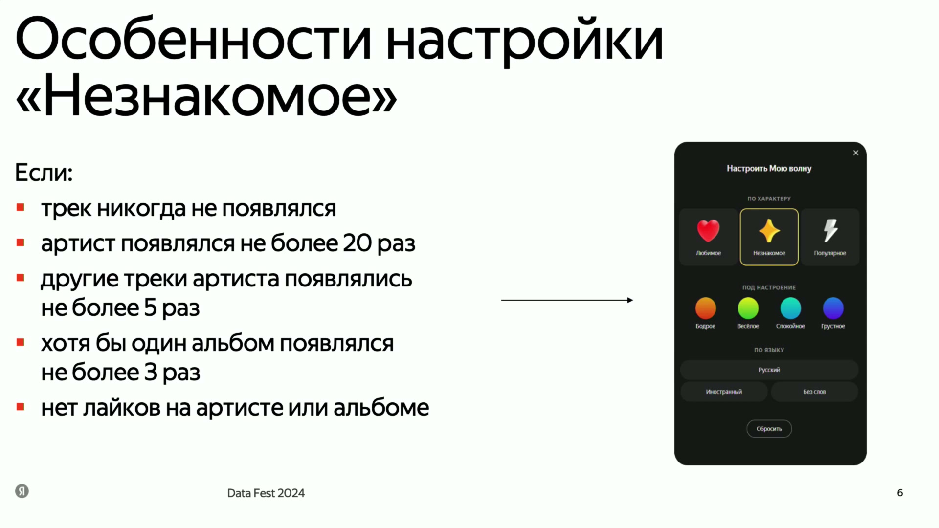 Пример правил незнакомости: трек не появлялся; артист ≤20 раз; другие его треки ≤5; хотя бы один альбом ≤3; нет лайков на артисте или альбоме. Это правила показанной настройки, не абсолютный общий алгоритм Музыки.