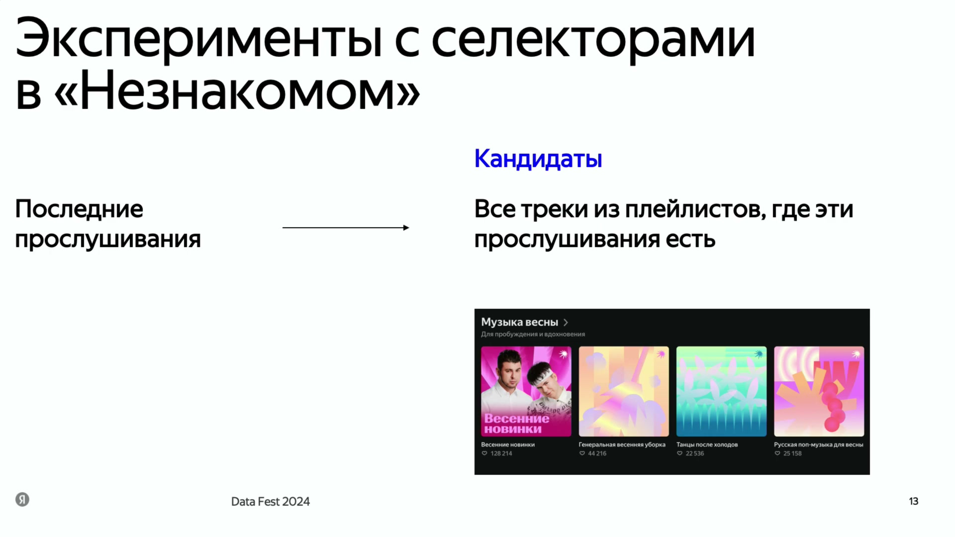 Кандидаты из плейлистов, где есть последние прослушивания пользователя. Иллюстрация объясняет направление селектора; лайки отдельных плейлистов на картинке не метрики эксперимента.